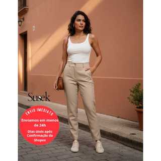 Calça Reta Feminina Cintura Alta Com Bolsos Laterais Twill 91110