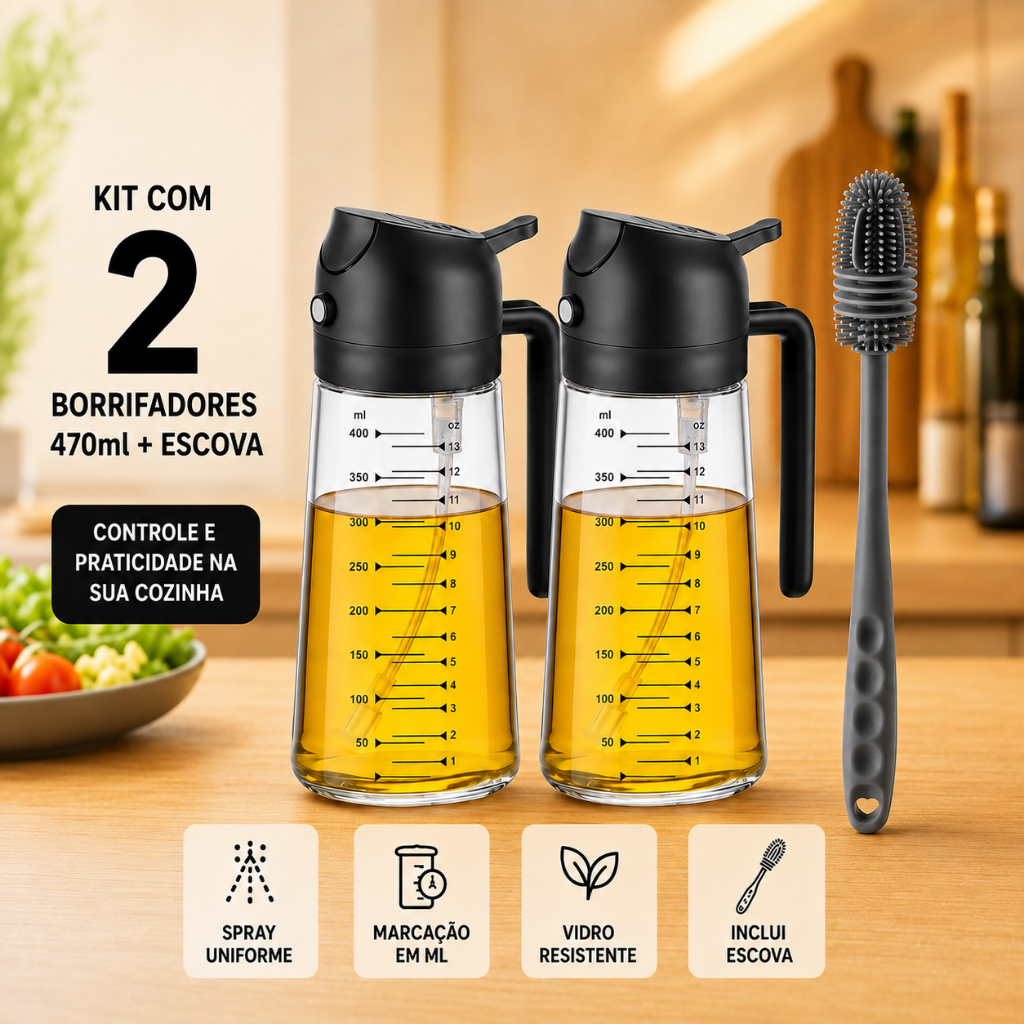 Spray Dosador de Azeite 2 em 1 | Borrifador de Óleo Vinagre Vidro para Cozinha