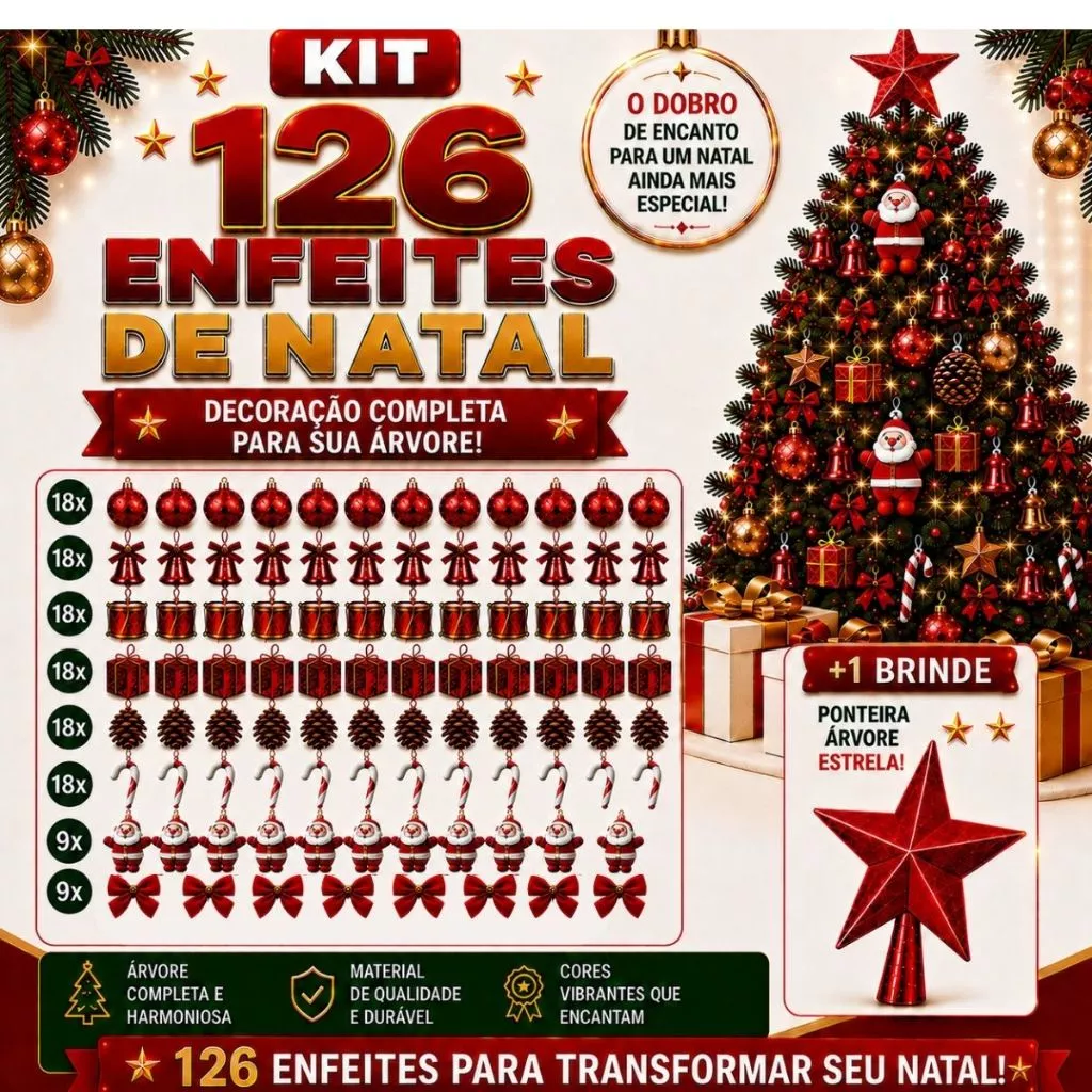 Kit 126 Enfeites Arvore de Natal Completo Decorada Decoração Natalina Acessórios Bolinhas Laços + Estrela Brinde — imagem 1