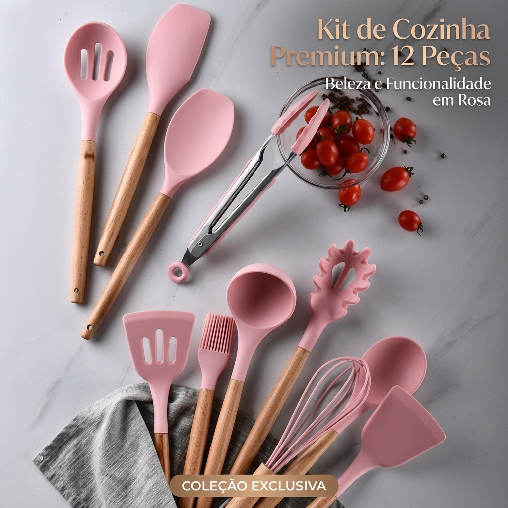 Kit 12 Utensílios Para Cozinha De Silicone Antiaderente Com Cabo De Madeira Fácil De Limpar