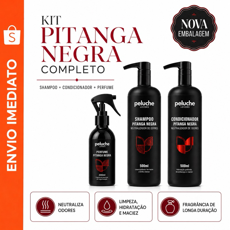 Kit Banho Pet Peluche Premium Shampoo + Condicionador + Perfume Pitanga Negra para Cães e Gatos