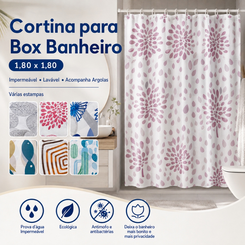 Cortina para Box Banheiro 1,80x1,80 Impermeável Lavável com Argolas Várias Estampas Polietileno