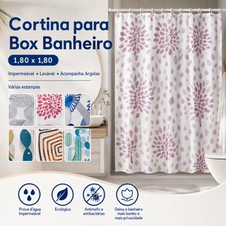 Cortina para Box Banheiro 1,80x1,80 Impermeável Lavável com Argolas Várias Estampas Polietileno
