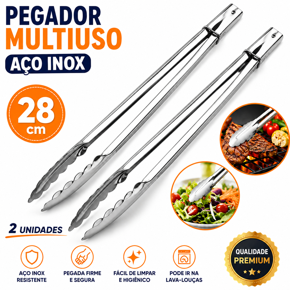 Pegador de Alimentos Inox 28cm Multiuso Pegador para Churrasco Salada Carne Massa Pão Cozinha Aço Inox