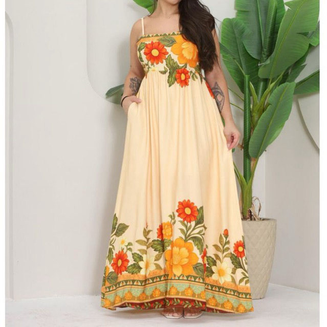 Vestido Longo Floral Feminino Estampado – Alças Finas, Costas Amarradas e Caimento Soltinho