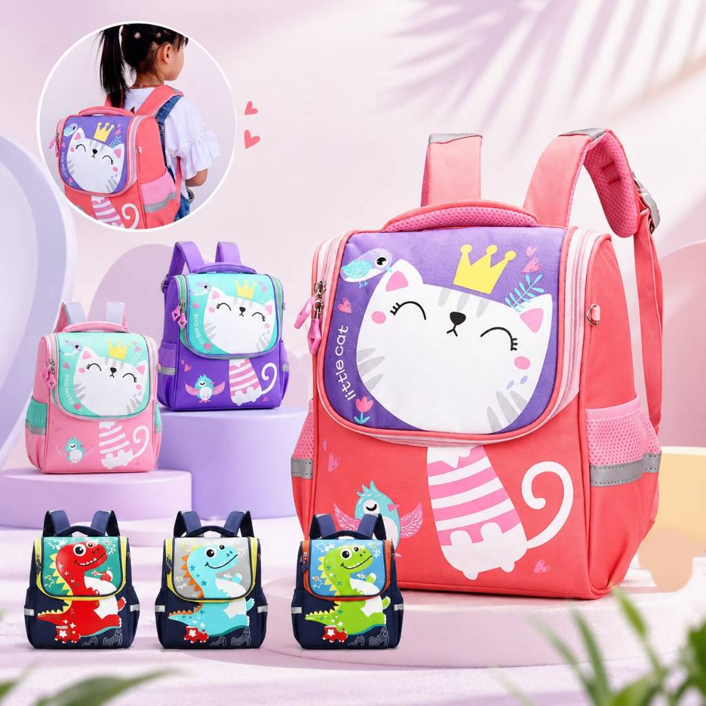 Mochila Escolar Infantil Menino Menina Dinossauro Gatinho de Costas