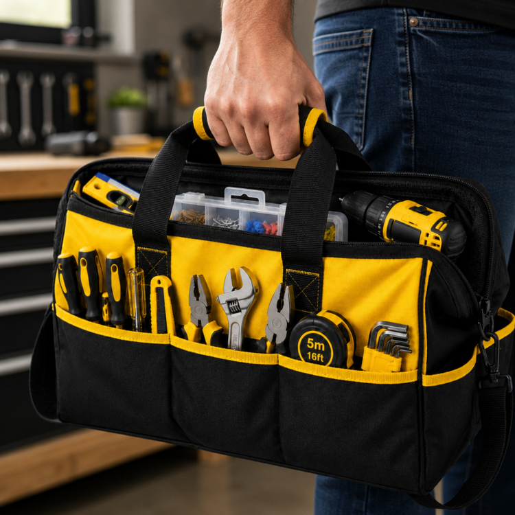 Bolsa Grande de Ferramentas Profissional Mala Reforçada 16 Bolsos com Fundo Rígido Preta e Amarela 31 x 26 x 46