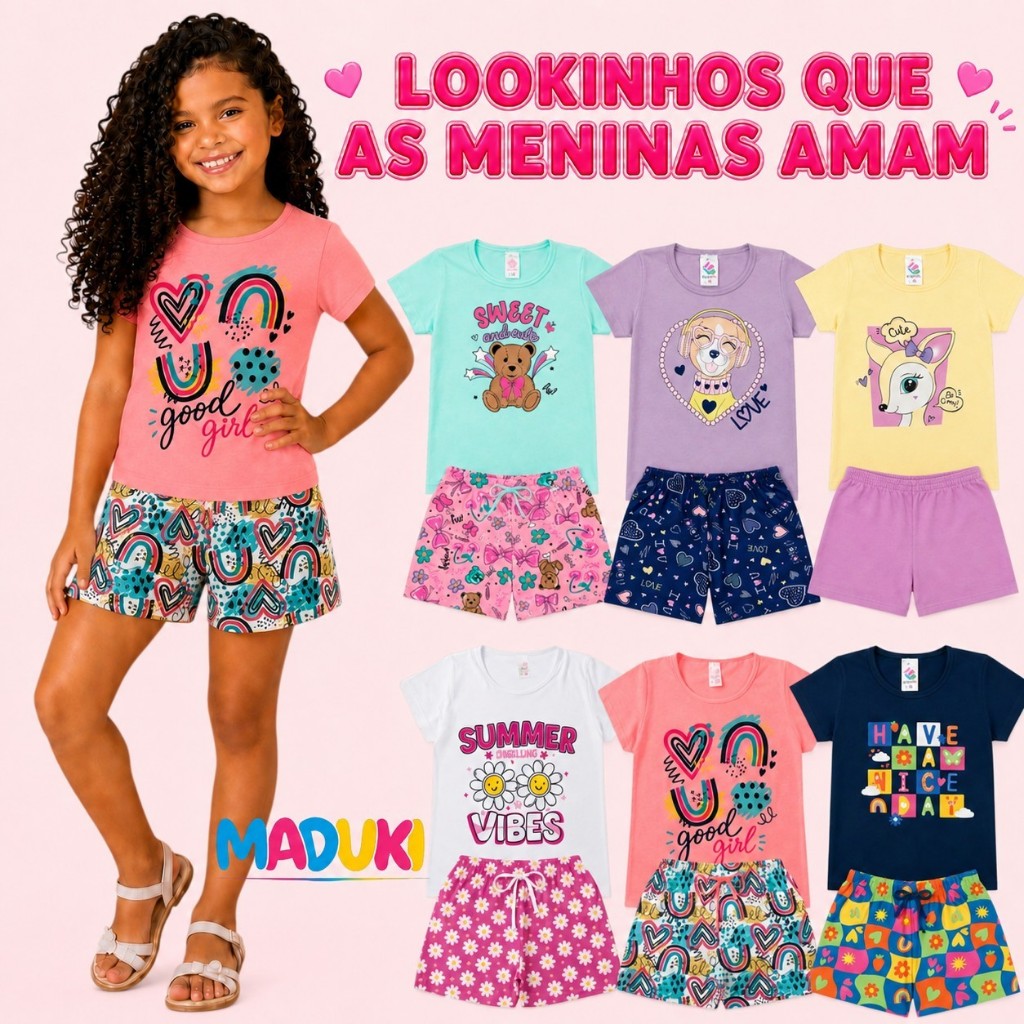 Kit 8 Peças Roupa Infantil Menina Verão Blusa Manga Curta e Shorts Estampado Tamanho 1 a 16