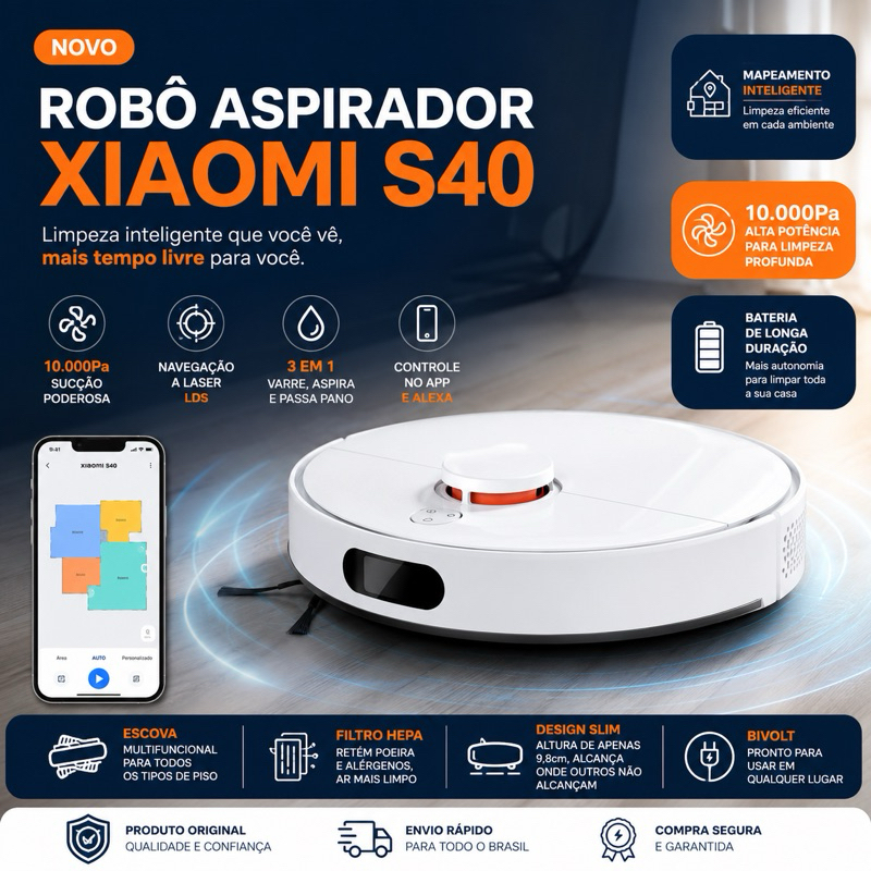 Robô Aspirador Xiaomi S40 Original 3 em 1 Mop Passa Pano 10000Pa Sucção Mapeamen