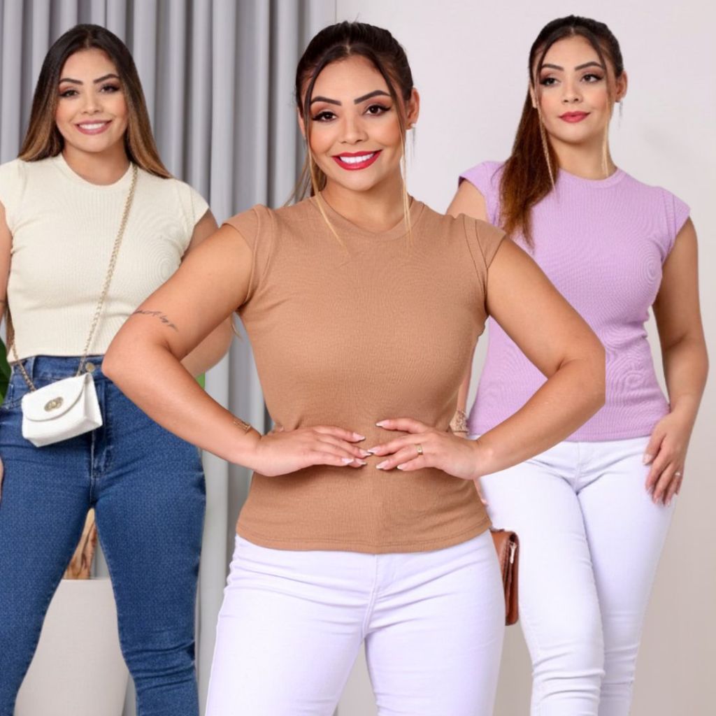 Blusinha Feminina Canelado Estilosa Ribana  Blusa Camisa Manga Curta Básica Casual Estilosa Tendência Verão 2026