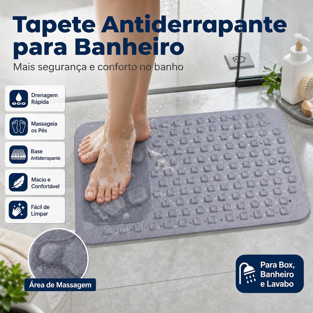 Tapete Antiderrapante para Banheiro Box Chuveiro com Ventosas Massageador de Pés TPE Drenagem Rápida e Fácil Limpeza