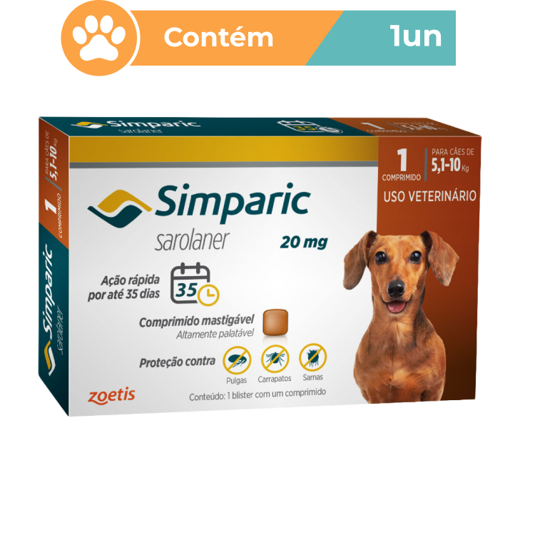 Antipulgas e Carrapatos Simparic 20mg para Cães 5 a 10kg - 1 Comprimido - Zoetis