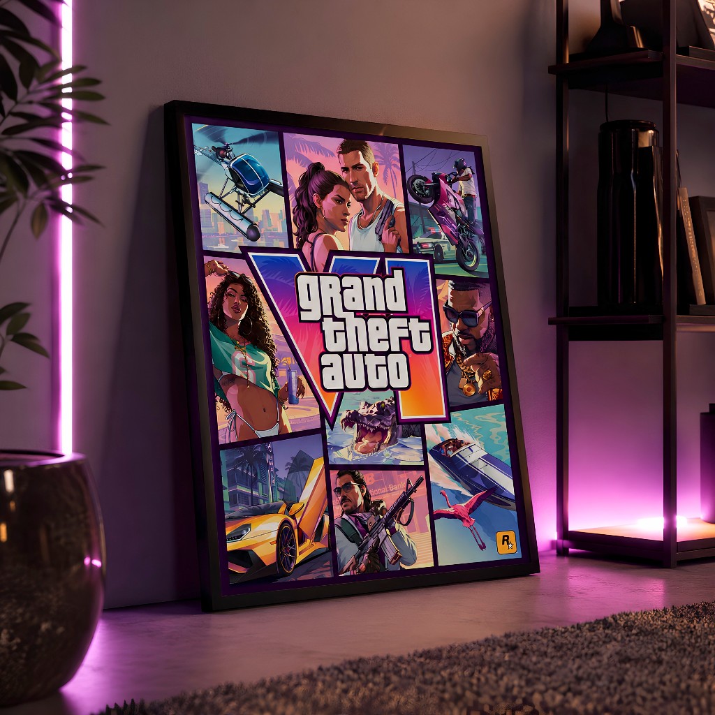 Quadro Decorativo GTA 6 VI Gamer Poster Vice City Decoração Quarto Geek Presente