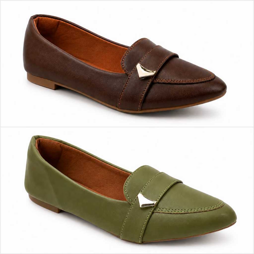 KIT 2 Pares Sapatilha Mocassim Feminina Bico Fino Com Fivela Dourada Confortável Elegante Casual