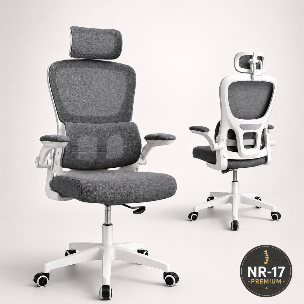 Cadeira De Escritório Ergonômica Mesh Cinza Presidente NR17 Com Apoio Lombar 150kg Braço Retrátil