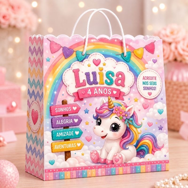 Kit Sacolinhas Personalizadas Tema Unicórnio Arco Íris Menina