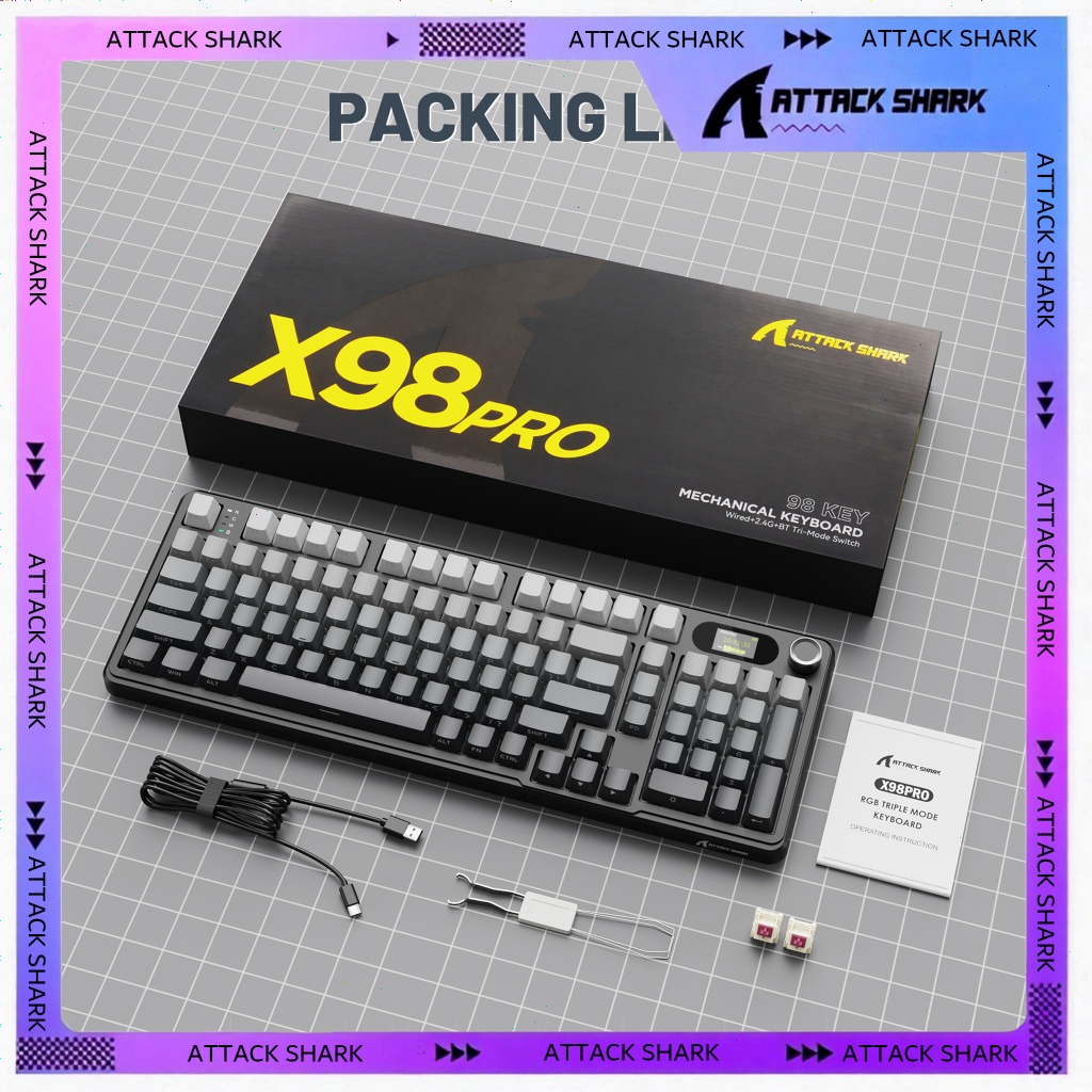 ATTACK SHARK X98PRO Wireless Mechanical Keyboard,Gasket Hot Swappable Custom,Side Printed PBT Keycaps Keyboard for PC