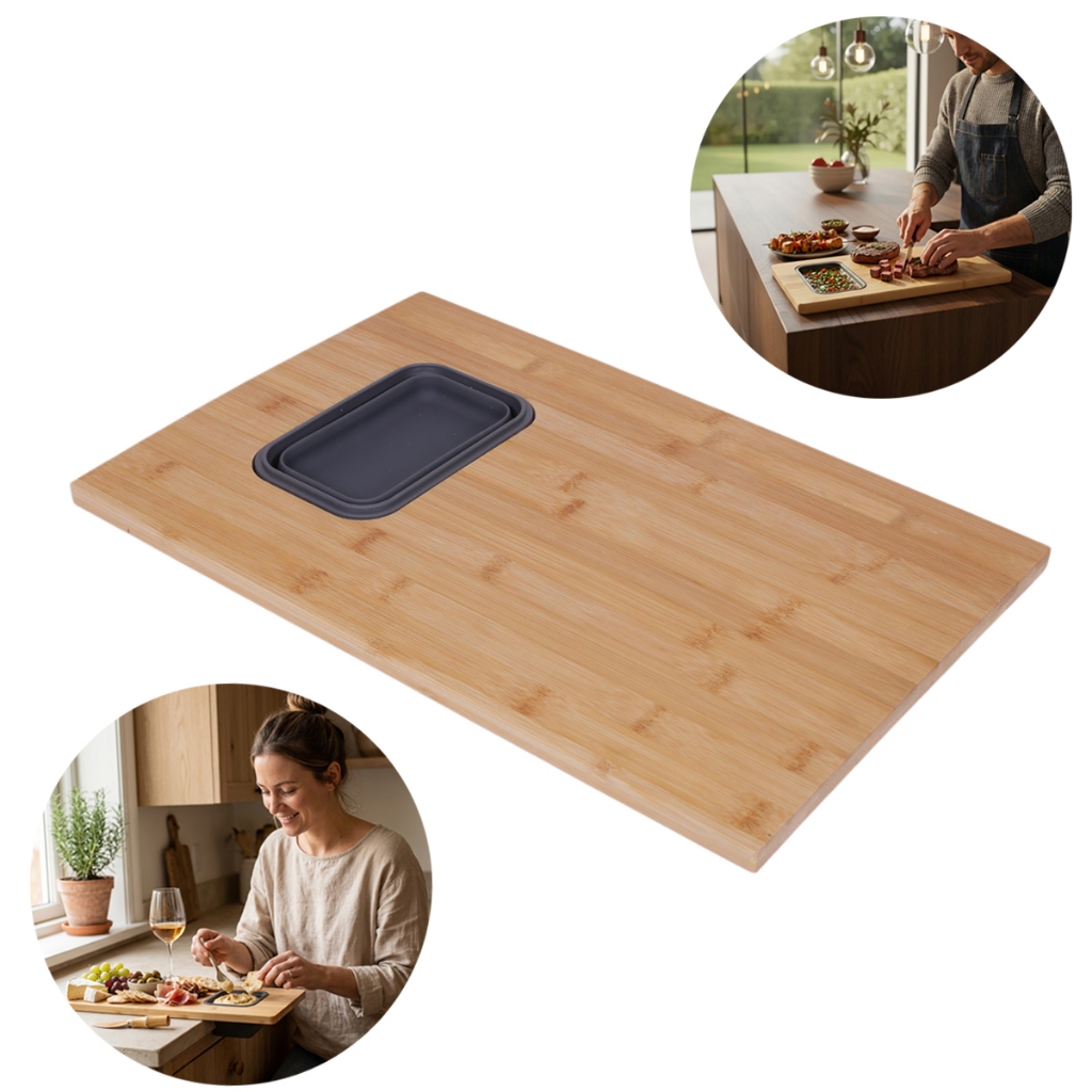 Tábua de Corte de Bambu Com Cesto Dobrável Silicone 45x29cm