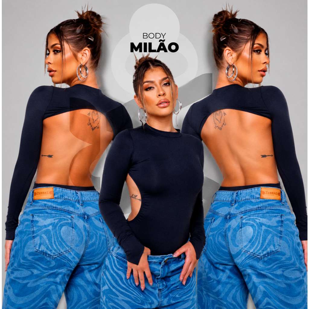 Body Milão Manga Longa Feminino Aberto Nas Costas Com Recorte Suplex Premium Moda Gringa