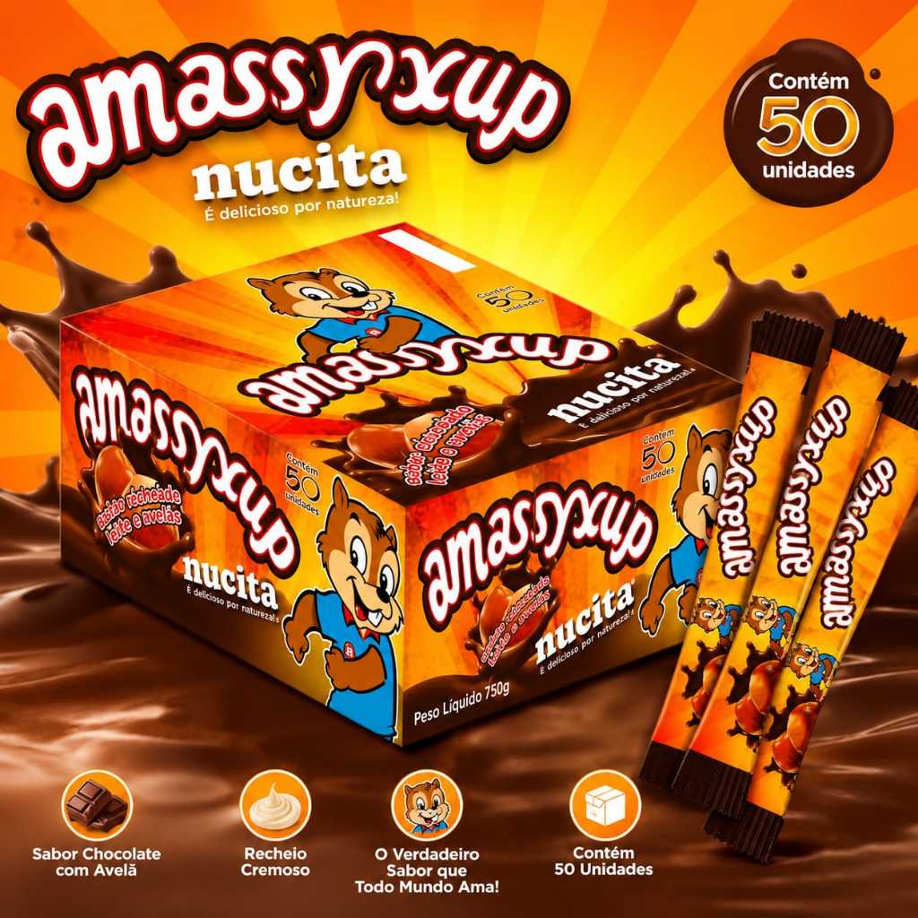 Creme de Avelãs e Chocolate Amassyxup Nucita 15g - Caixa 50 unds Doce