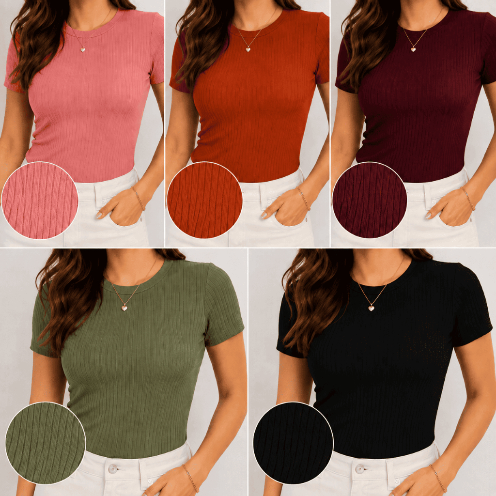 Kit 5 Camisetas Caneladas Gola Redonda Básicas Feminina Casual Slim Confortável e Macia Leve Durável ENVIO IMEDIATO!!