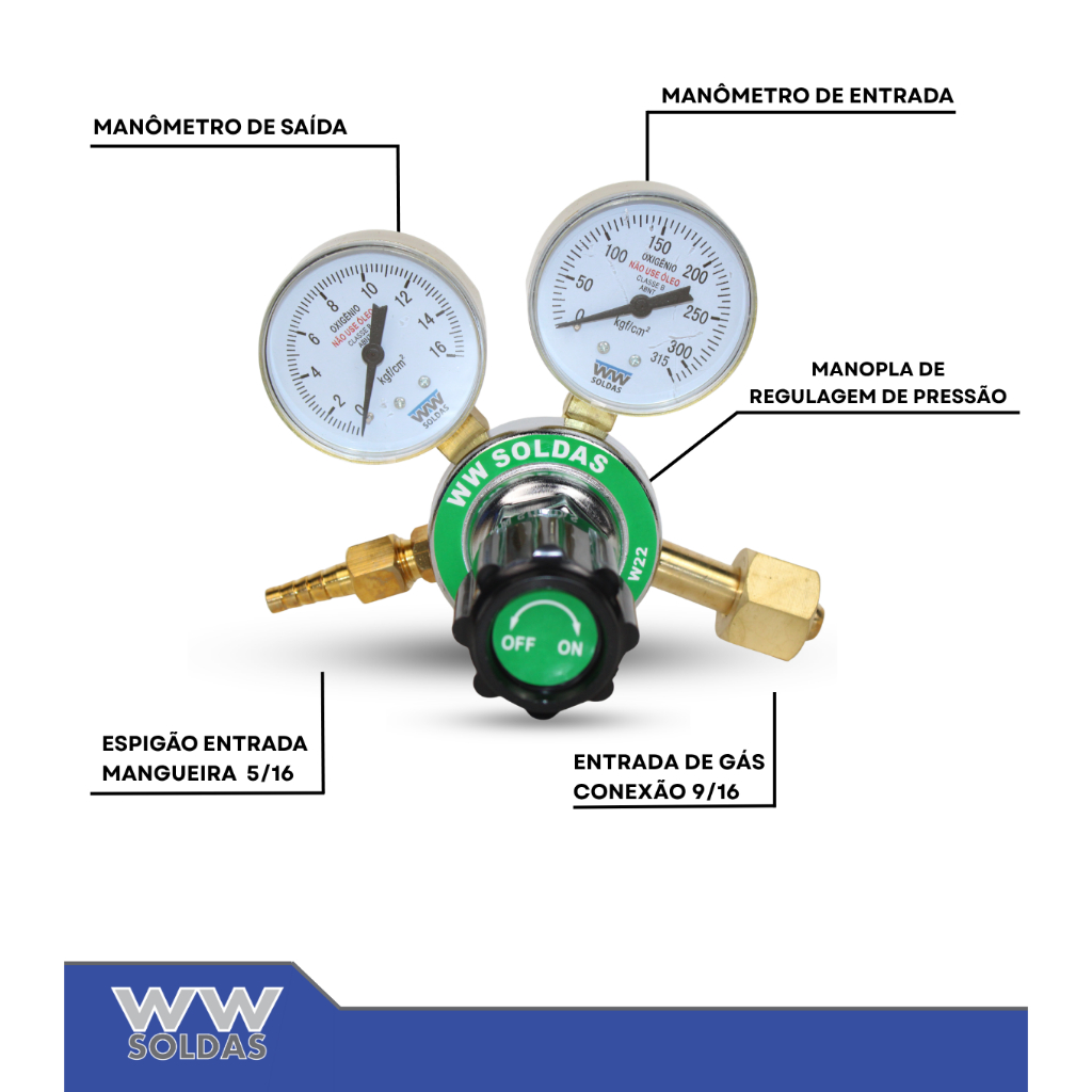 Regulador de Oxigenio para Cilindro com 2 Manometros WWSoldas · foto 2