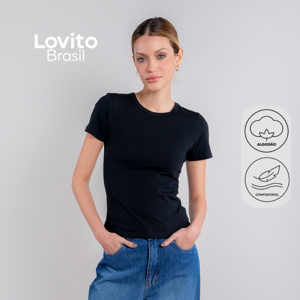 Lovito Camiseta Baby Look Feminina 100% Algodão Básica TSB20442074 · foto 2