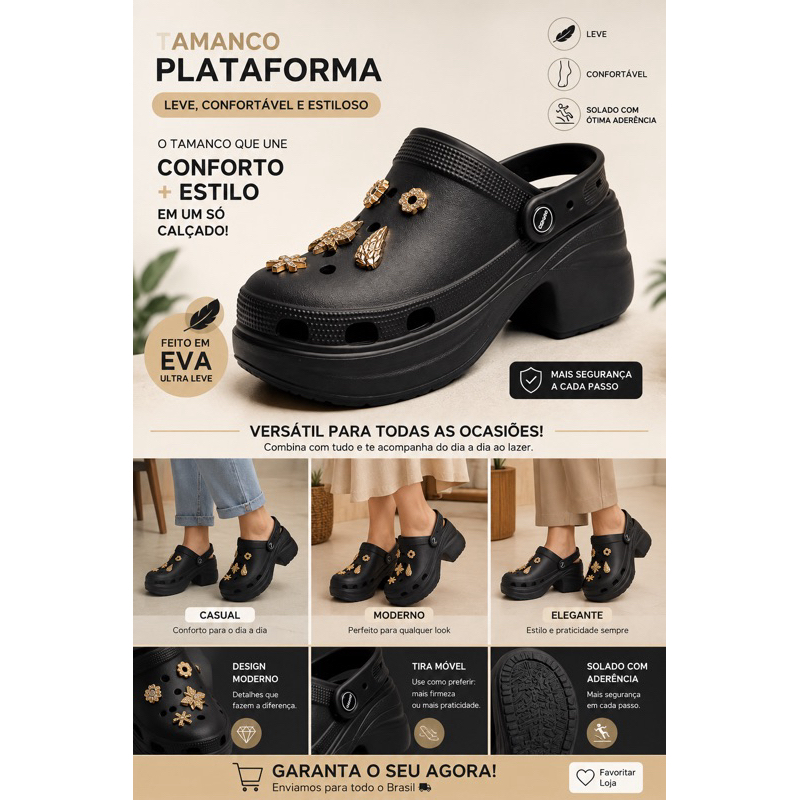 Sandália Clog Feminina Salto Plataforma Nuvo Conforto Macio Babuche Anabela Tamanco Antiderrapante