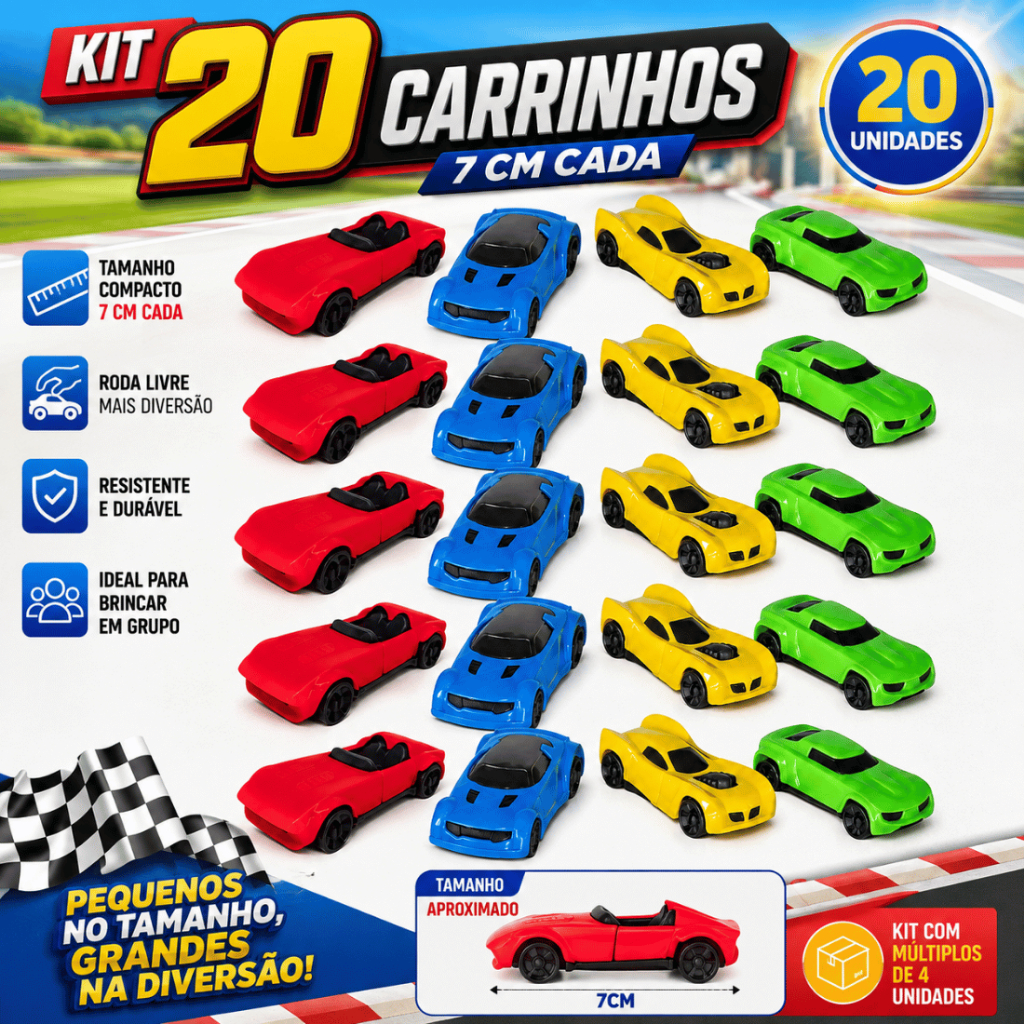 Kit 20 Carrinhos de Brinquedo Infantil Mini Carros Roda Livre Corrida Colorido 7cm