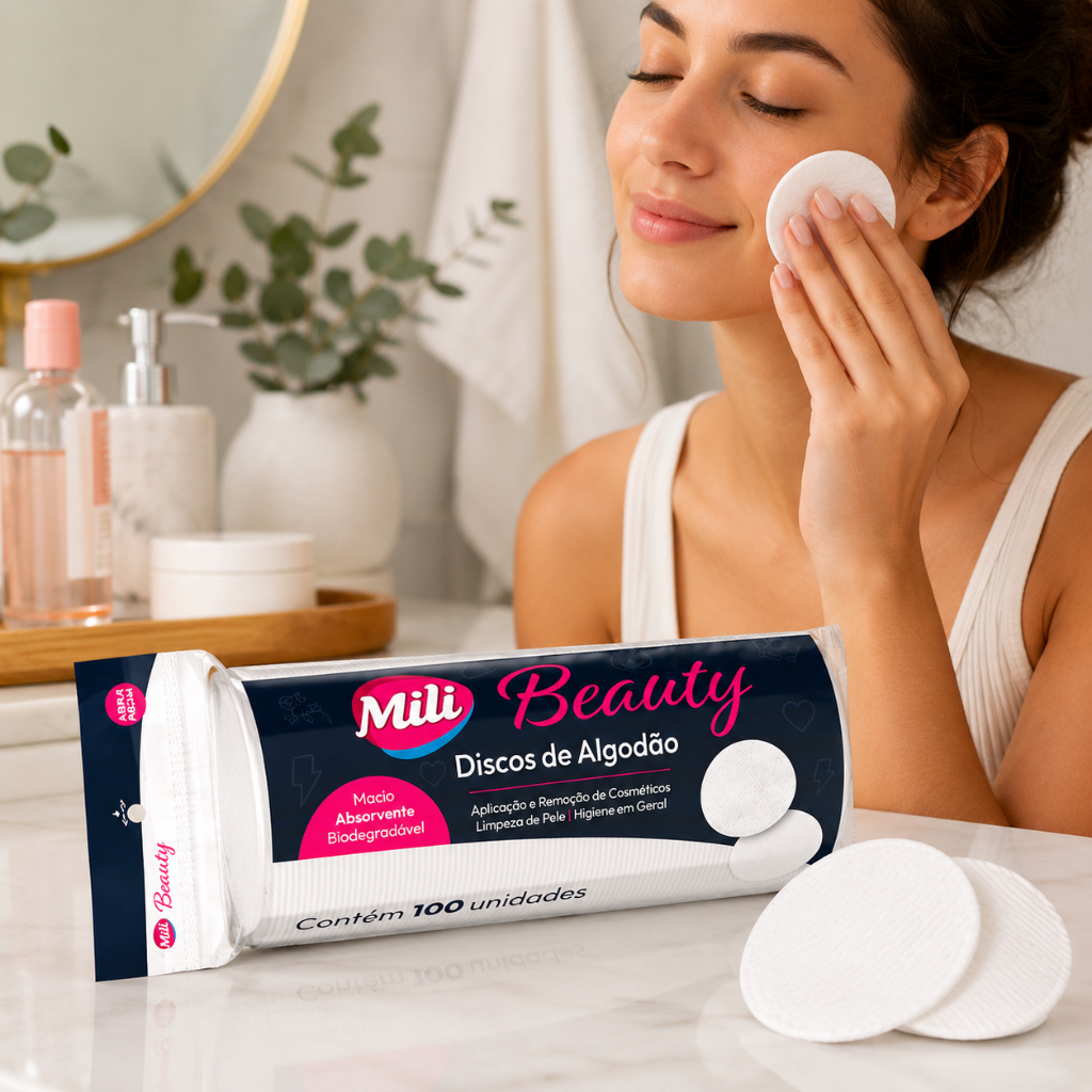 Disco de Algodão Mili Beauty Aplicação e Remoção de Cosméticos Limpeza de Pele Higiene em Geral c/ 100 unidades