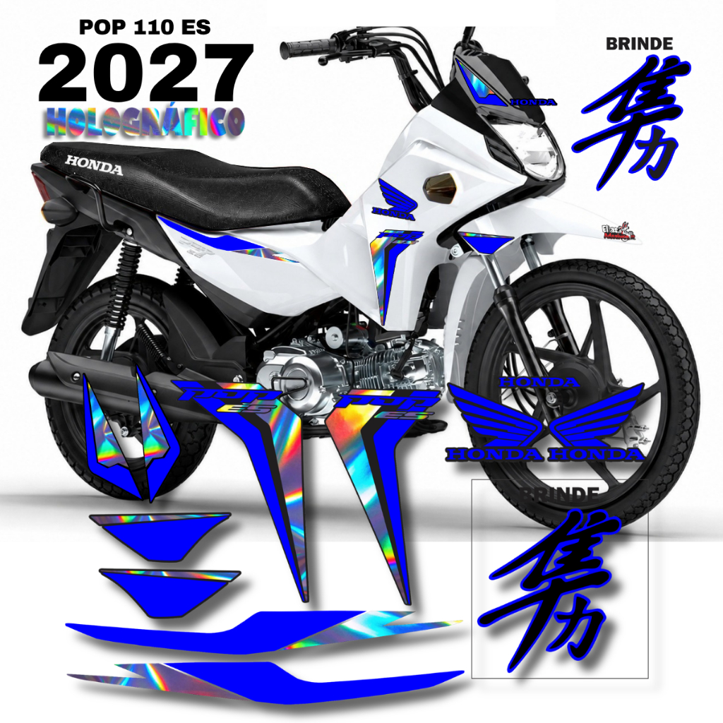 Kit Adesivos Pop 110 Es 2027 Holográfico e Cores Faixas Lançamento