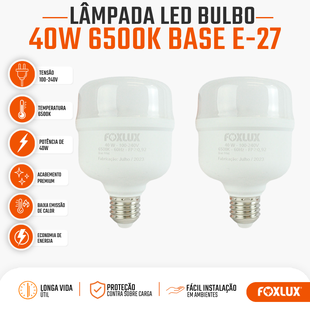 Lâmpada Led Alta Potência 40W Foxlux 6500K Branca Fria E-27 Kit com 2
