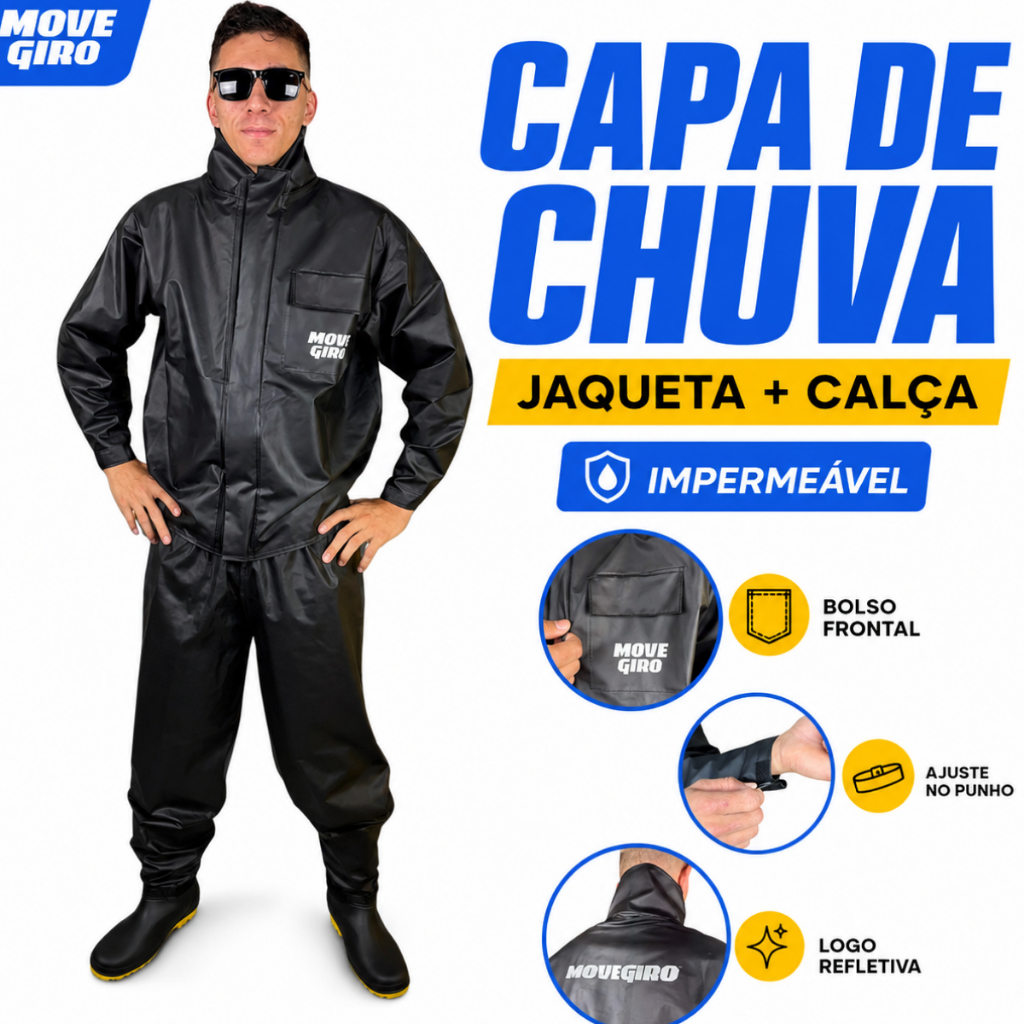 Capa de Chuva Moto Impermeável Motoqueiro Motoboy Conjunto PVC Jaqueta Calça Gola Alta Refletiva