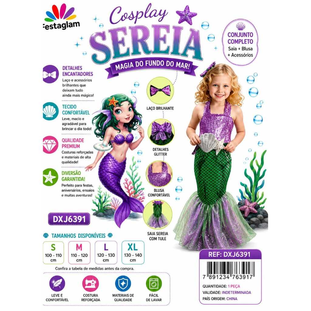 Fantasia Infantil Sereia Luxo Ariel Com Laço Vestido Brilhante confortavel completa