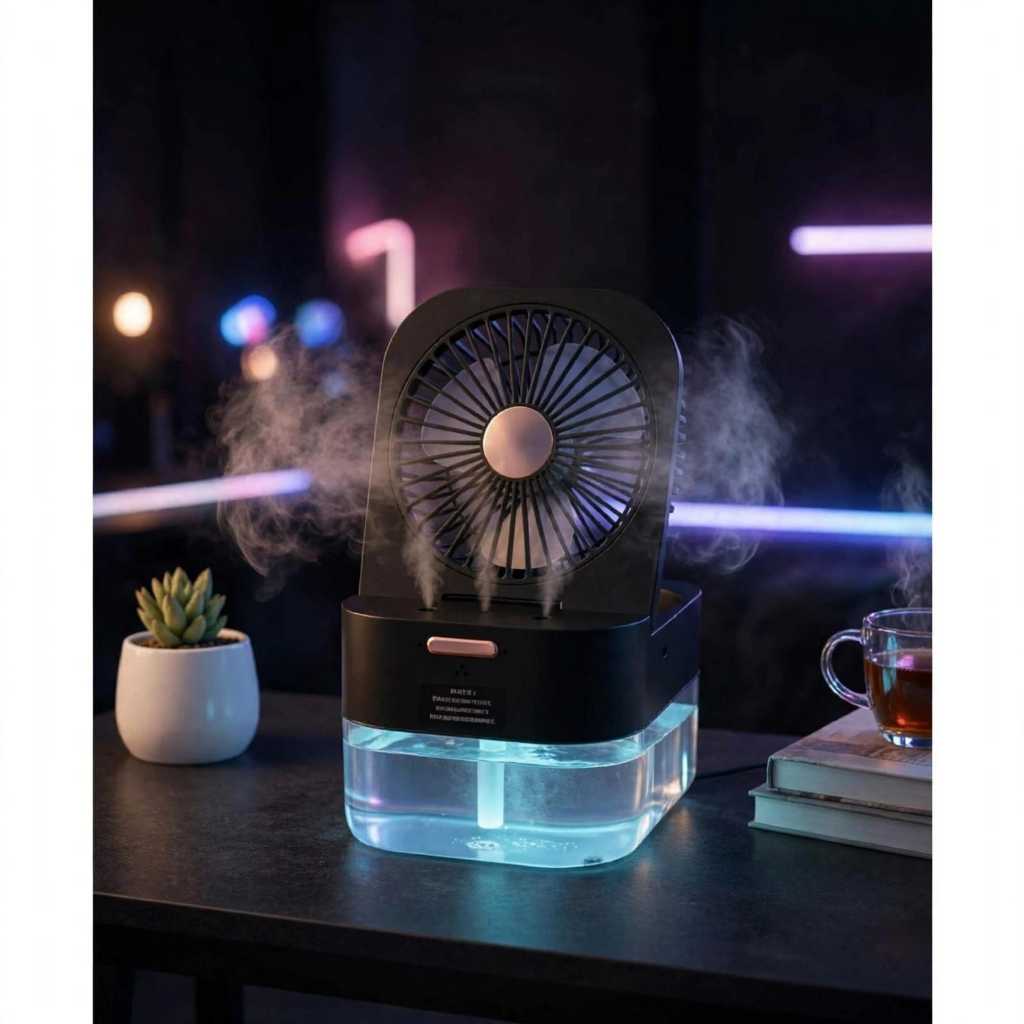 Ventilador Umidificador Portátil com Névoa Reservatório de Água Mini Climatizador de Mesa USB