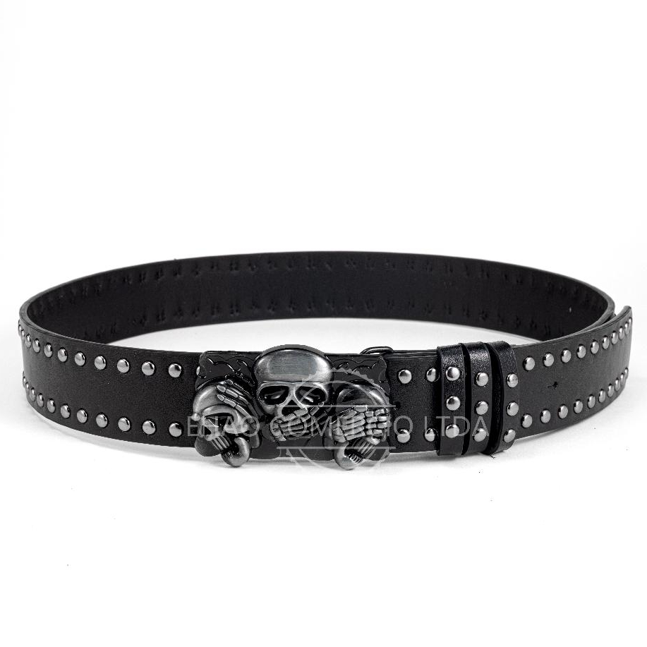 Cinto Unissex Punk Gothic Rivet Jeans Preto Cinto Unissex Elemento de Caveira Preto 100cm 110cm 120cm — imagem 2 de 2