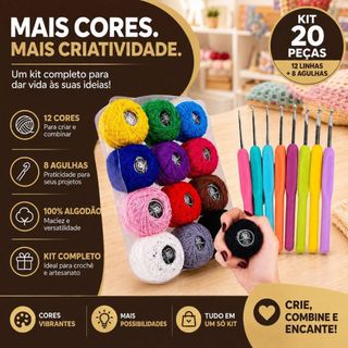 Kit Crochê Completo 12 Linhas Coloridas 100% Algodão + 8 Agulhas Ergonômicas Amigurumi Iniciante -BN