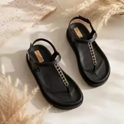 Papete Feminina Sandália De Dedo Com Strass Minimalista Serena Fivel Ajustável Sola Alta Confortável