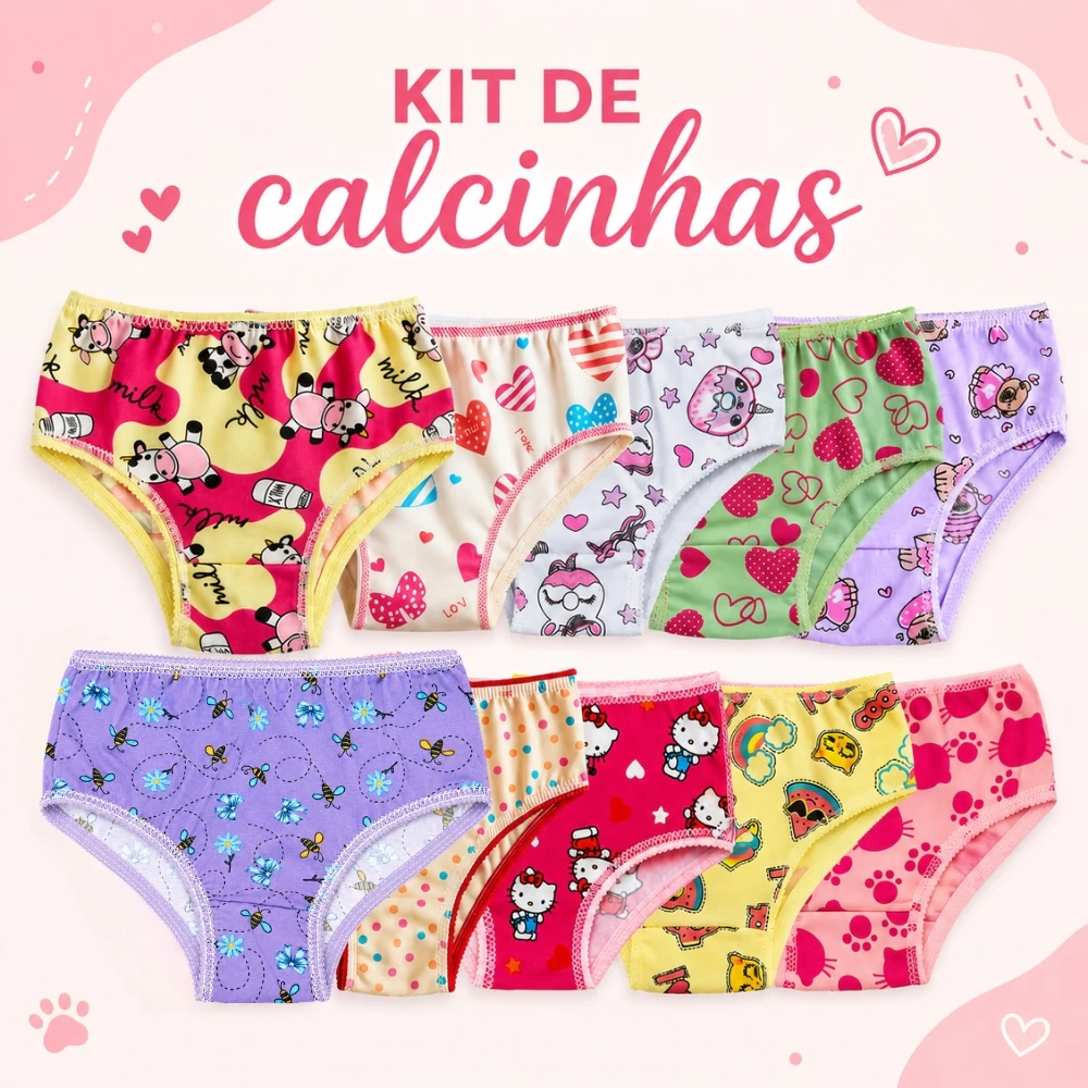 Kit Calcinhas Infantil Estampada Promoção Forrada 100% Algodão 1 a 9 anos Confortável Menina Moça Mocinha — imagem 1