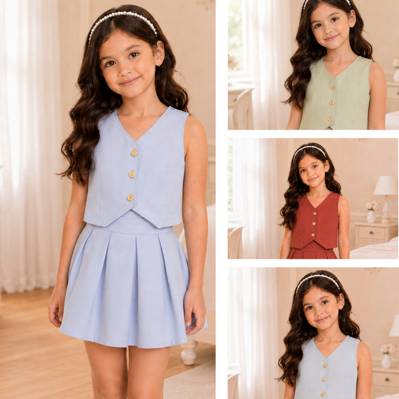 Conjunto Roupa Infantil Juvenil Alfaiataria 2 Peças Colete 3 Botões e Saia Plissada 4 ao 14