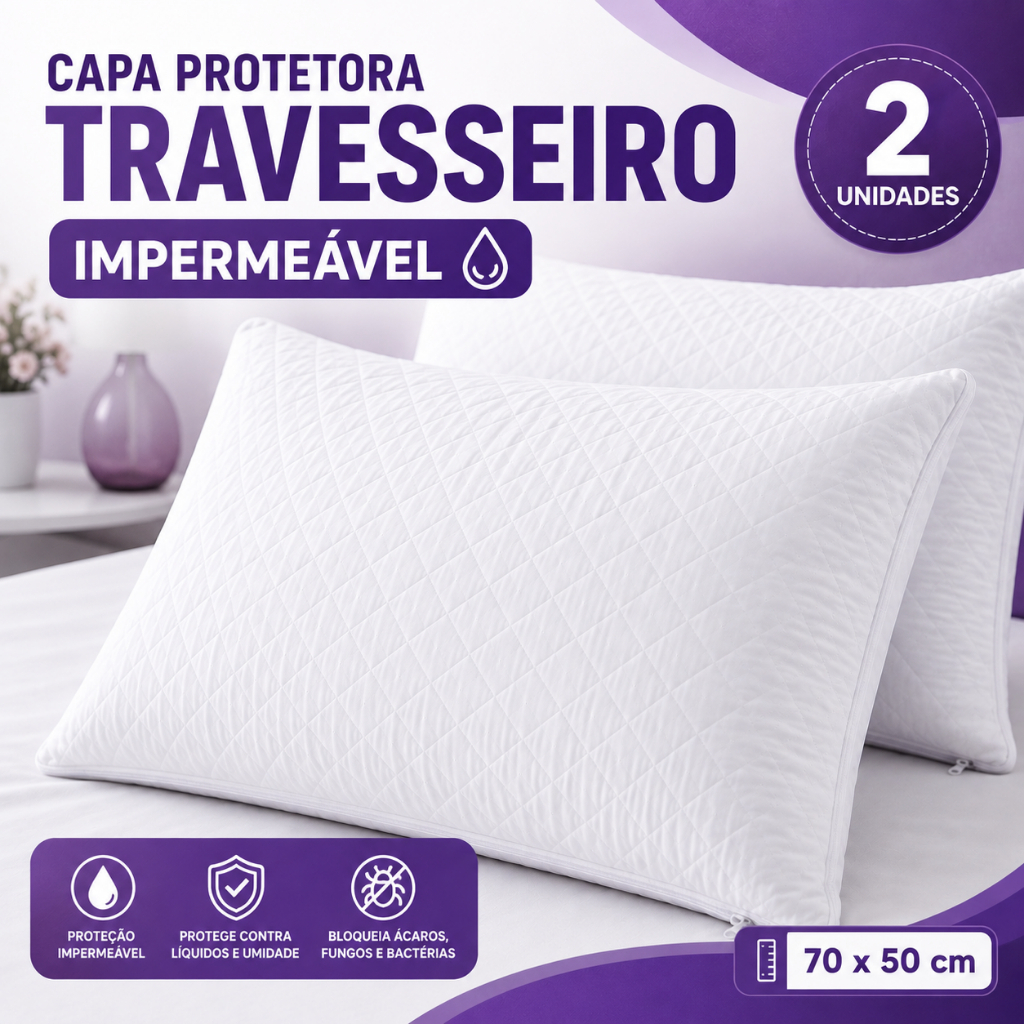 Kit 2 Capa Protetora de Travesseiro Impermeável Antialérgica Antiácaro Fronha Matelada Repele Água