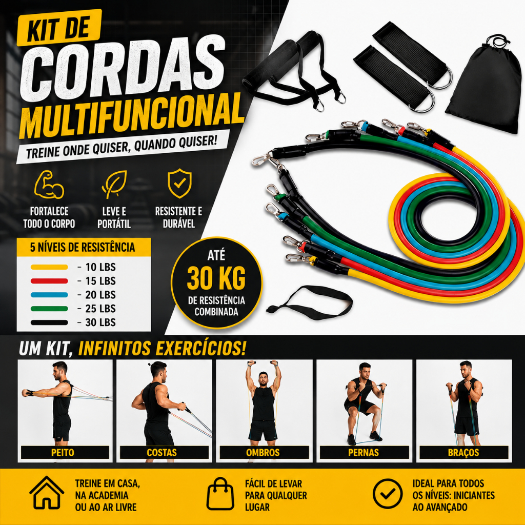 Kit Elástico Extensor Com 11 Itens - Musculação Funcional Em Casa, no Parque, na Academia Garanta já!