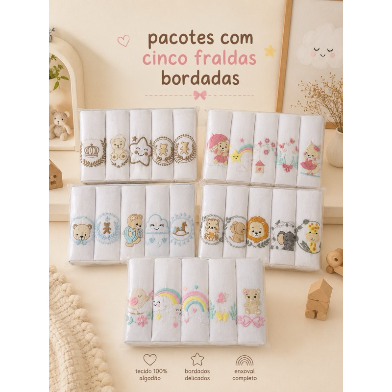 Kit Fralda Bordada 70x70cm Bichinhos Desenho Pano Duplo Bebê Menino Baby Menina Tecido Algodão