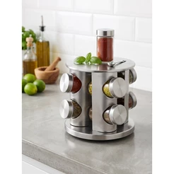 Porta Tempero Giratório 360° Inox com 8 Potes de Vidro Organizador
