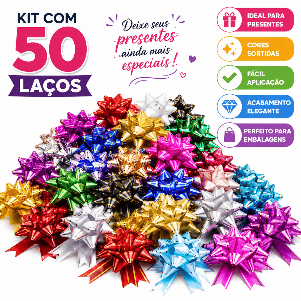 Laço de Presente Fita Mágica 50 Unidades Decorativo para Embalagens e Festas