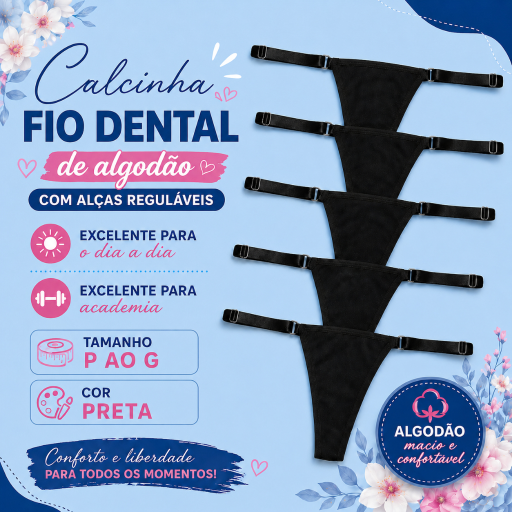 Calcinha Fio Dental Algodão para Academia Dia a Dia Cor Preta Kit 5 unidades Regulagem Confortável Antialérgica