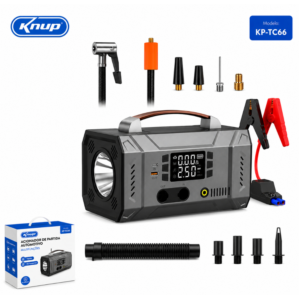 KNUP Compressor de Ar Portátil 19.200mAh 150PSI Partida 12V Inflador de Pneus Digital com Lanterna