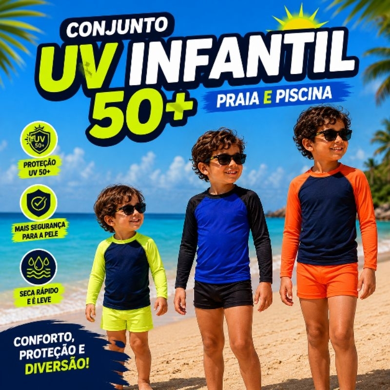 Conjunto Infantil Menino Juvenil Praia e Piscina Camisa Manga Longa Proteção UV 50+ + Sunga Boxer Moda Praia Verão