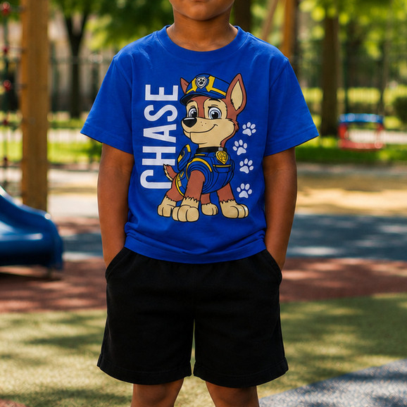 Conjunto Infantil Menino Camiseta Chase Patrulha Estampada + Bermuda de Moletom Casual Confortável