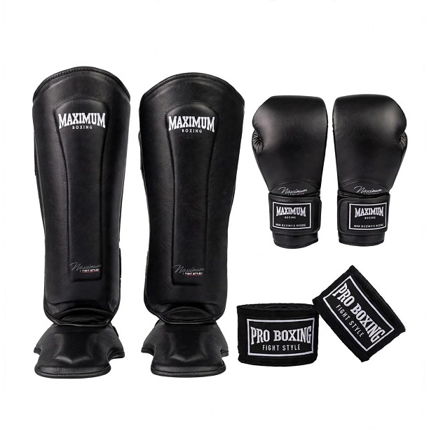 Kit Luva Classic Black + Bandagem E Caneleira Black Maximum
